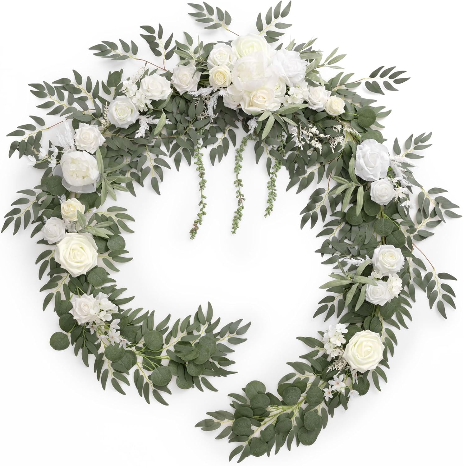Ling's moment 9FT Spring Flower Garland for Backdrop Decorations - Wedding Arch Flowers, Eucalyptus & Rose, Artificial Floral Garland for Mantel - Sweetheart Table Decor for Reception, White & Sage