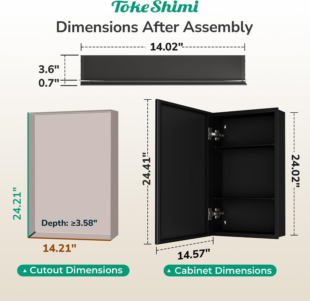 TokeShimi 14 x 24 Medicine Cabinet with Mirror, Assembly Required, Black Recessed Bathroom Medicine Cabinet with Tempered Beveled Mirror, Stepless Adjustable Shelves, DTC Hinge
