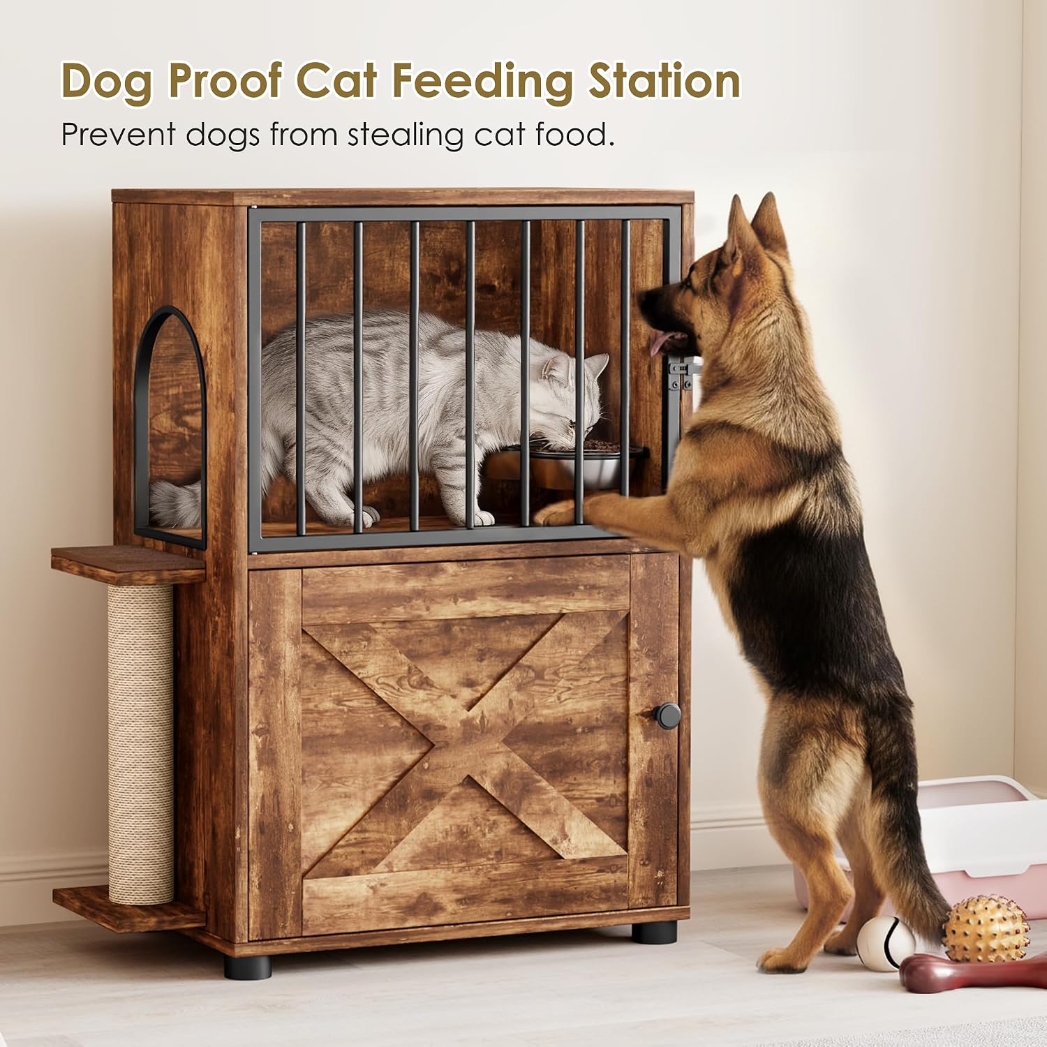 Cat Feeding Station, Dog Proof Cat Feeding Station with Scratching Post, Elevated Food Bowls with Stand, Cats Tree with Food Storage for Small Spaces, Pet House Furniture (Vintage)