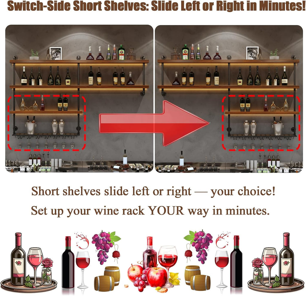 Solid Wood Wall Mounted Wine Rack, Large Wine Rack with LED Light, 4 Tiers Liquor Bottles Floating Shelves with Glass Holder, Industrial Bar Shelves for Home Bar Dining Room(51.2 in/ 130CM)