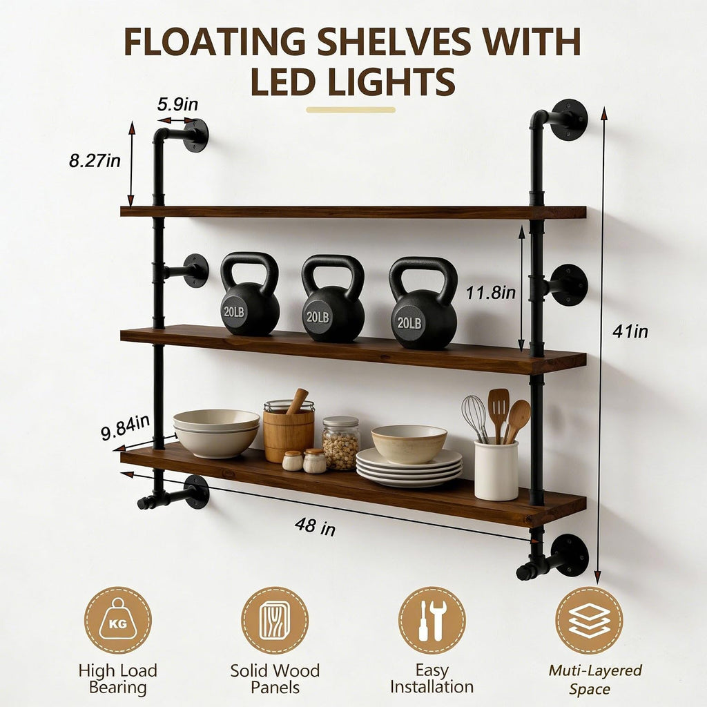 ROGMARS LED Gaming Floating Shelves for Wall,Industrial Pipe Shelving 48 inch Coffee Bar Shelves Wall Mounted,Display Book Shelf with Light for Gaming Room Living Room Bedroom Kitchen Garage