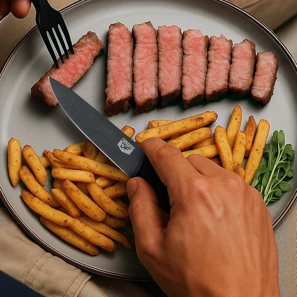 DFACKTO 16-PC Basecamp Tactical Chef Knife Set - Off Grid Camping & Cooking Knives for Combat Sustainability - G10, Full Tang, Sheaths, Black Travel Case