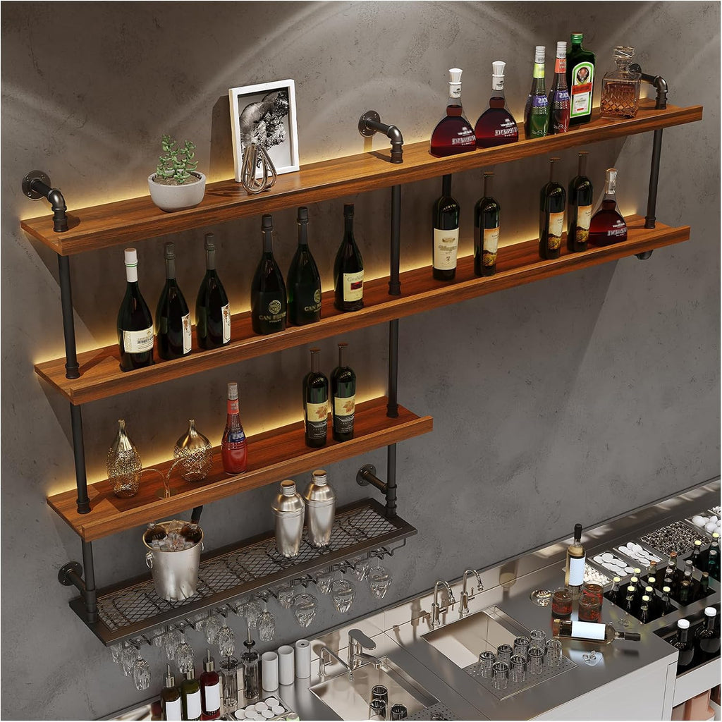 Solid Wood Wall Mounted Wine Rack, Large Wine Rack with LED Light, 4 Tiers Liquor Bottles Floating Shelves with Glass Holder, Industrial Bar Shelves for Home Bar Dining Room(51.2 in/ 130CM)