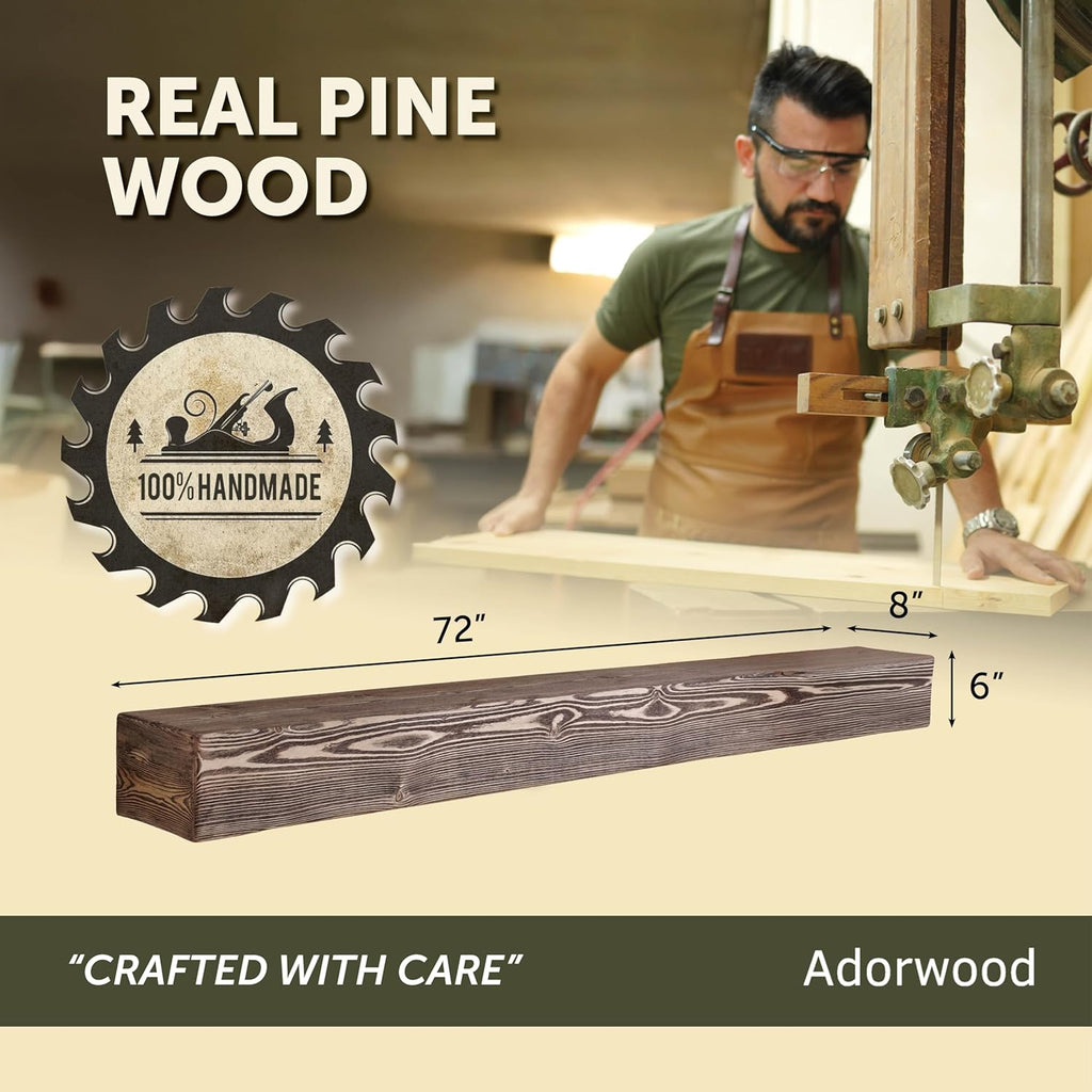 Handmade Fireplace Mantel Shelf 72', Extra Wide Rustic Wood Mantles for Over Fireplace, Wall Mounted Floating Mantel Shelves for Living Room Decor (Dark Rustic, 72Lx6Hx8D)