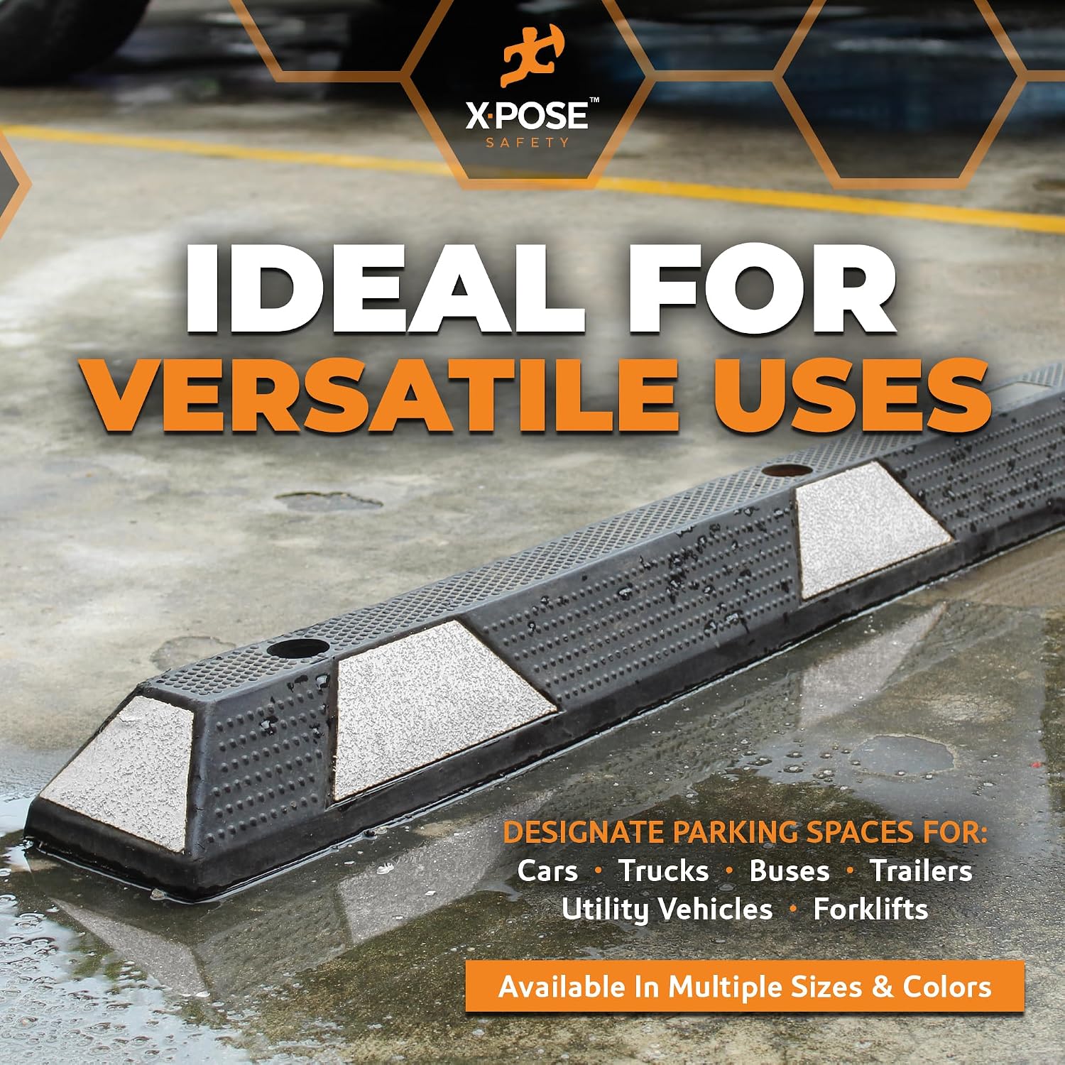 Xpose Safety 72' Heavy Duty Rubber Parking Stopper – 1 Pack Wheel Blocks for Garage, Driveway, or Ramp – Car Bumper Stop with White Reflective Strips – Removable Floor Mount