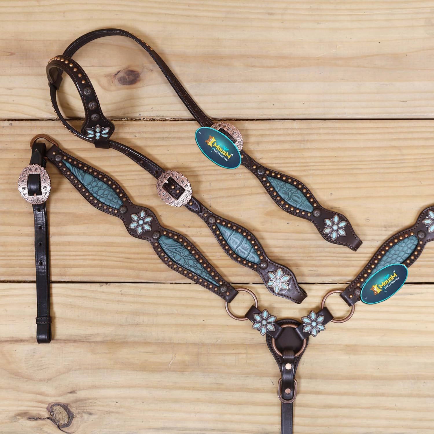 Western Leather Headstall and Breast Collar Tack Set – Turquoise Flower Conchos, Copper Ring & Alligator Inlay with Copper Studs – Genuine Argentina Cowhide
