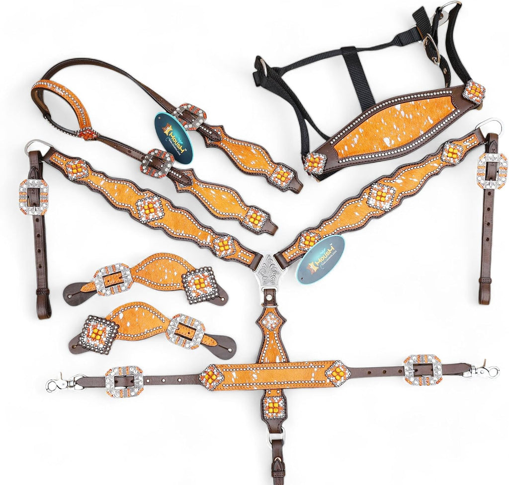 Handmade Western Headstall, Breast Collar, Spur Strap, Wither Strap Tack Set for Horse with Orange and Silver Metallic Acid Wash Cowhide Look
