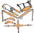 Handmade Western Headstall, Breast Collar, Spur Strap, Wither Strap Tack Set for Horse with Orange and Silver Metallic Acid Wash Cowhide Look