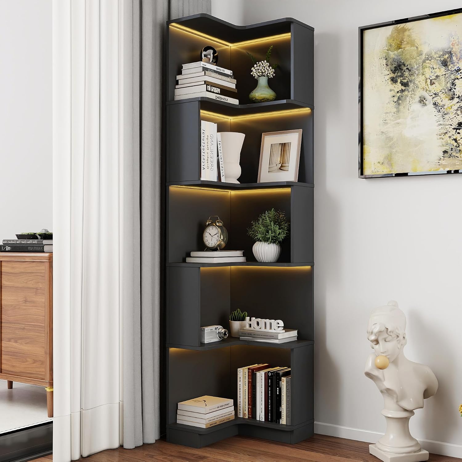 5-Tier Corner Bookshelf with LED Lights, Farmhouse Corner Shelf with Storage and Baffle, Freestanding L-Shaped Bookcase for Home Office Living Room Apartment, Black