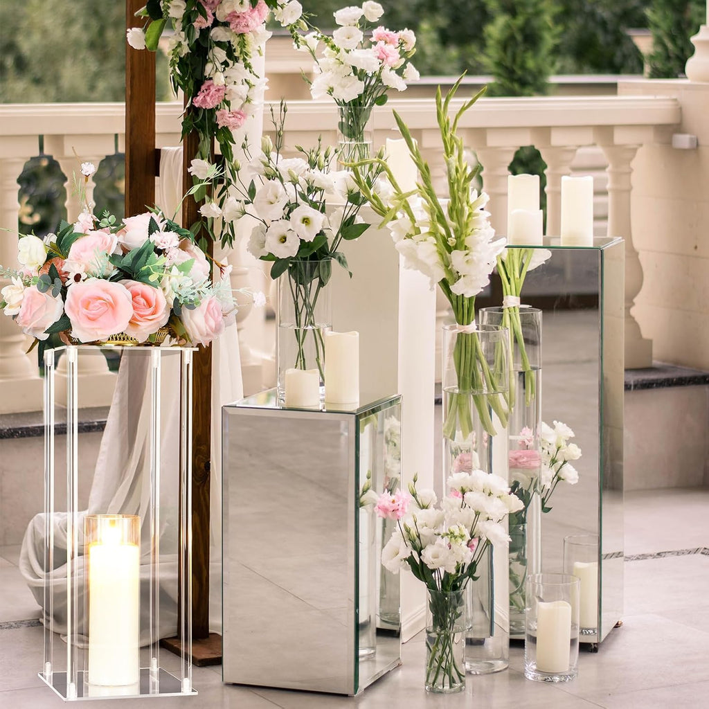 Sieral 6 Sets 20''Tall Clear Acrylic Flower Vase Wedding Centerpieces Flowers Stand with Glass Candle Holders Cylinder Vases, Transparent Flower Vases for Table Centerpiece Wedding Home (Large)