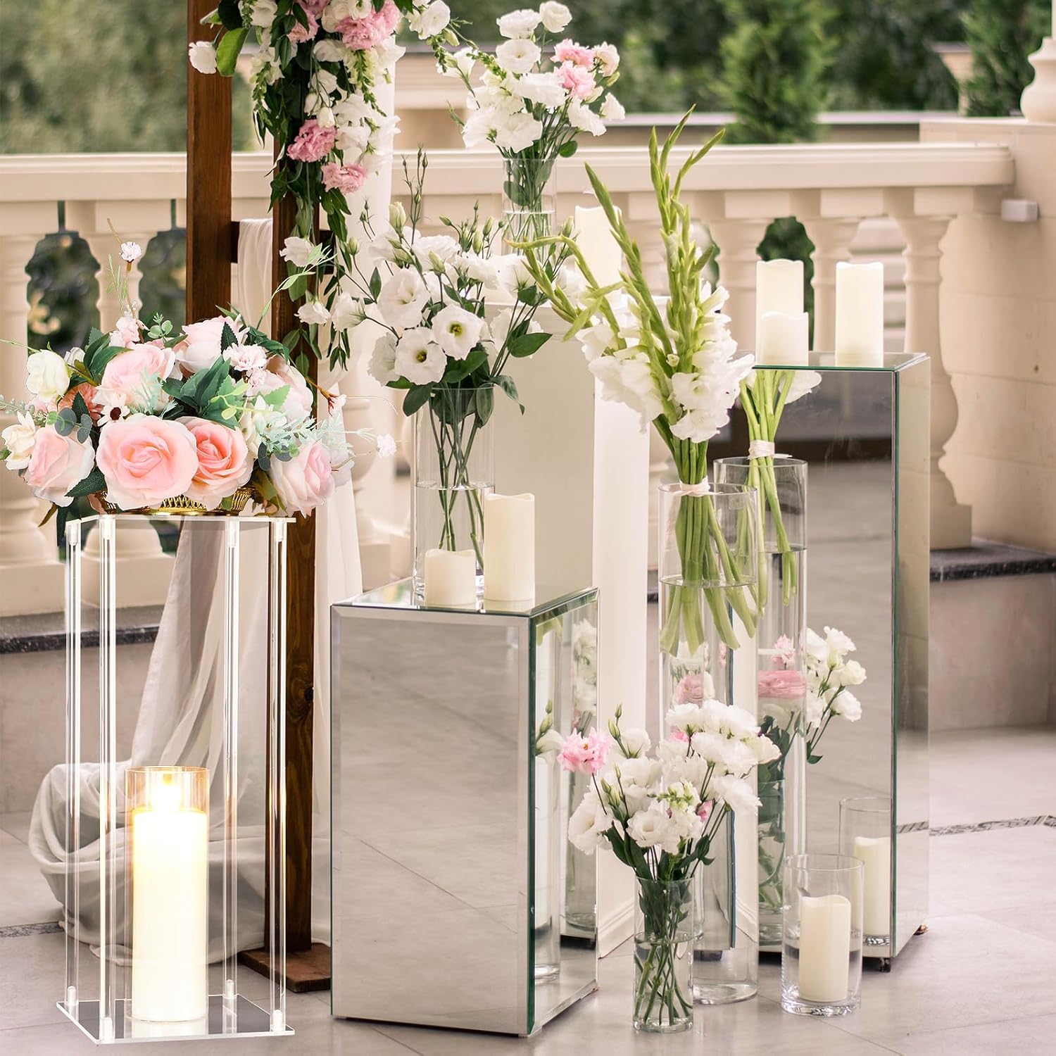 Sieral 6 Sets 20''Tall Clear Acrylic Flower Vase Wedding Centerpieces Flowers Stand with Glass Candle Holders Cylinder Vases, Transparent Flower Vases for Table Centerpiece Wedding Home (Large)