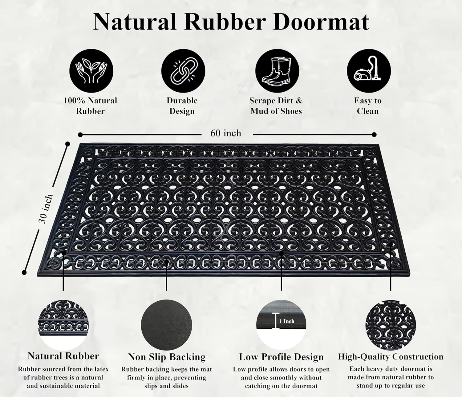 A1HC Large Outdoor Rubber Door Mat 30'x60' - Heavy Duty Non Slip Waterproof Floor Mat, Dirt Trapper Shoe Scraper, All Weather Drainage Doormat for Front Door, Entryway, Patio, Indoor Outdoor Use