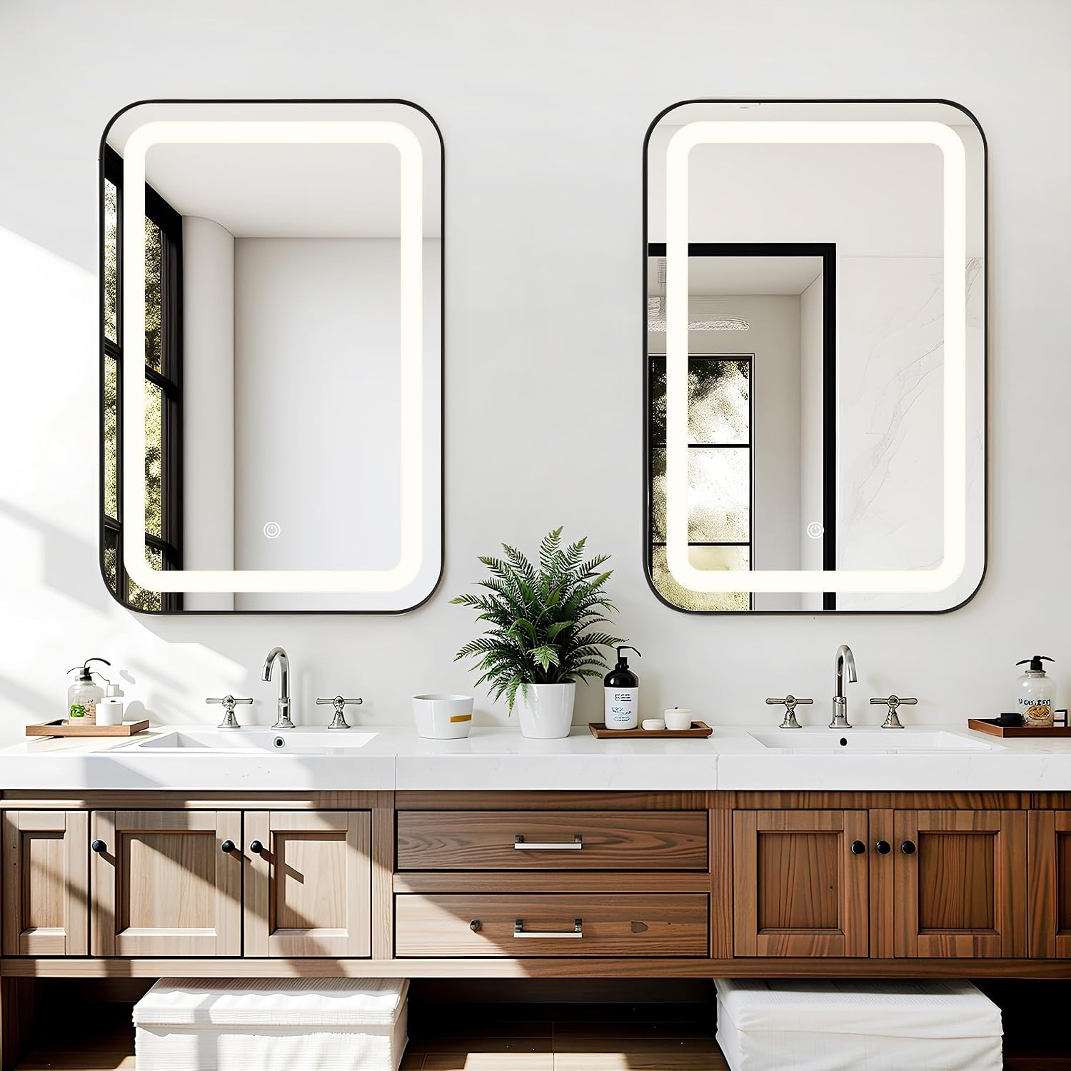 soges LED Medicine Cabinet Lighted Bathroom Mirror, Bathroom Vanity Mirror with 2 Storage Shelves, 24'x 16' Recessed Medicine Cabinet, Wall Mounted Deep Metal Framed Rounded Corner, Black
