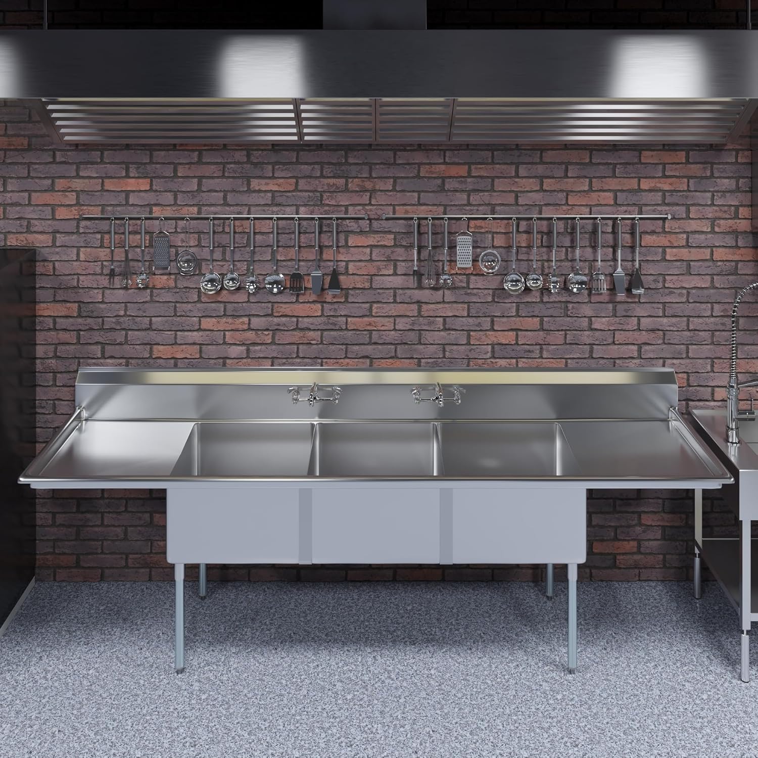 Three Compartment Stainless Steel Commercial Kitchen Prep & Utility Sink | Bowl Size 24' x 24' X 14' | NSF Certified (Size 120' x 30' x 43')