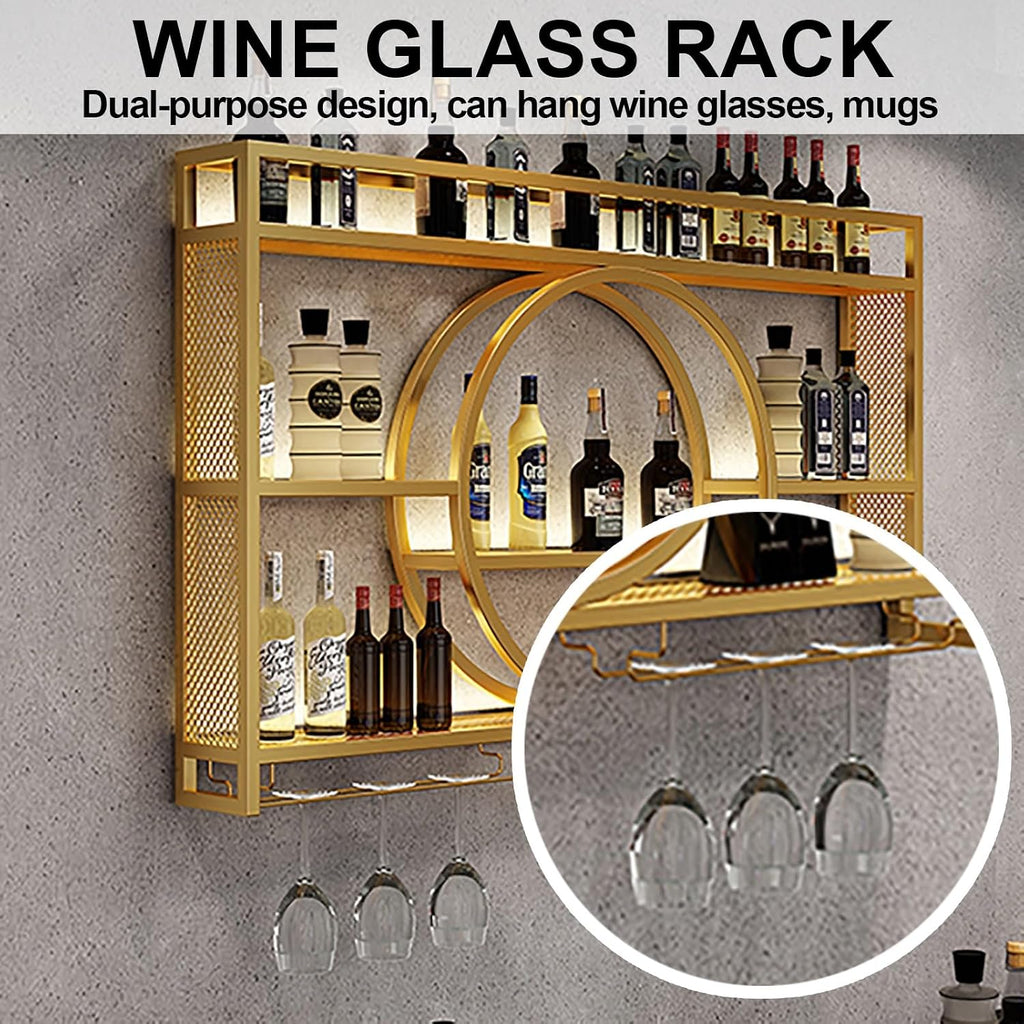 Wine Rack Wall Mounted 3 Tier Metal Floating Shelves With LED Light, Hanging Floating Bar Liquor Bottles, For Home Bars Kitchen (Black, 100x80x15cm)