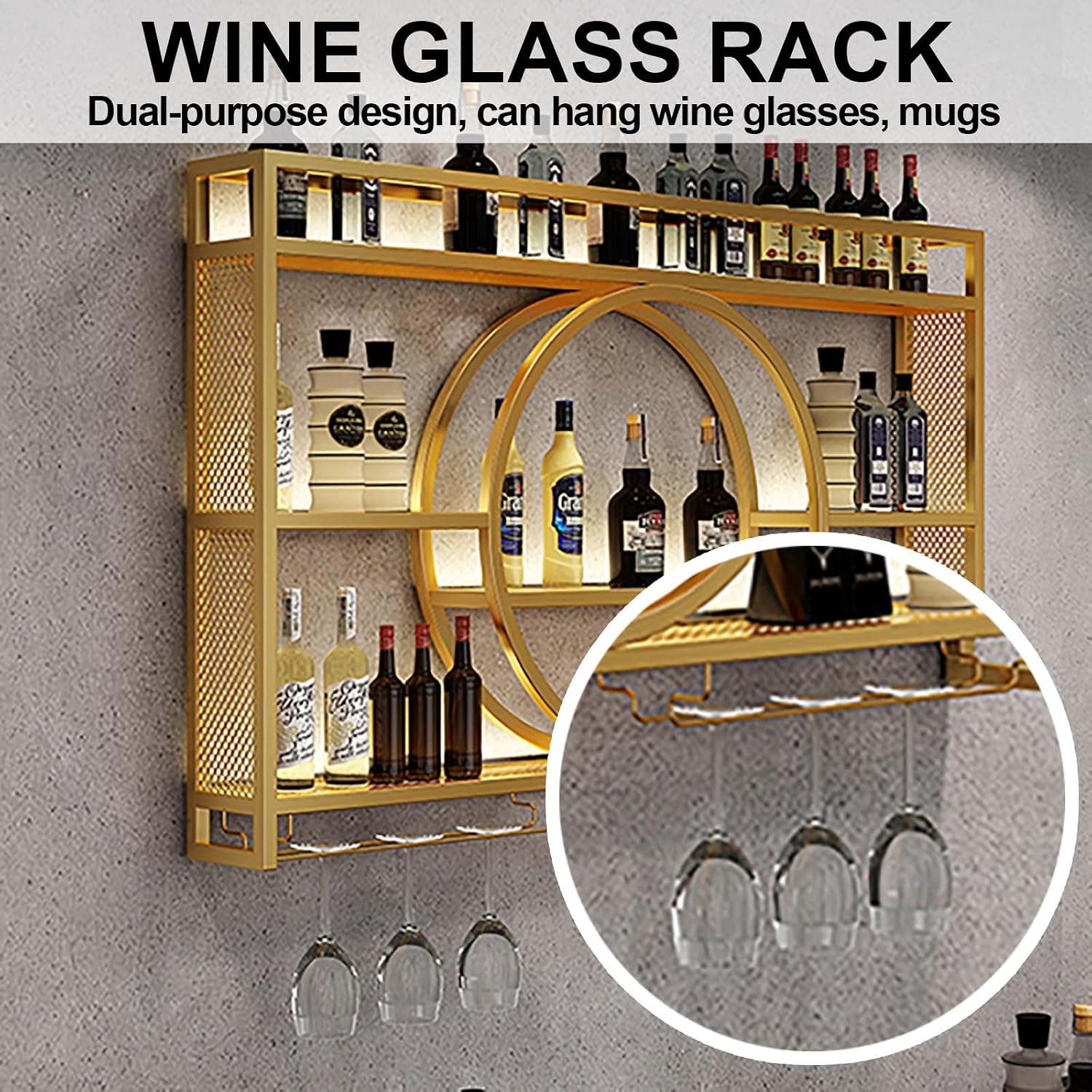 Wine Rack Wall Mounted 3 Tier Metal Floating Shelves With LED Light, Hanging Floating Bar Liquor Bottles, For Home Bars Kitchen (Black, 100x80x15cm)