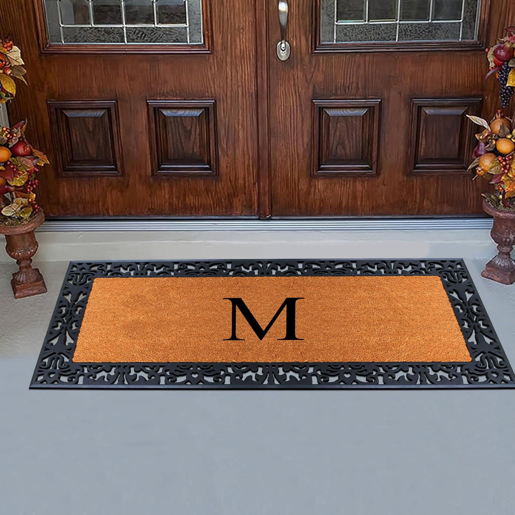 A1HC Natural Coir Doormat for Outside Entrance, Anti-Shed Treated Front Door Mat 30' x 60', Long Lasting Front Porch Entry Matt Monogrammed - M (Plain Black)