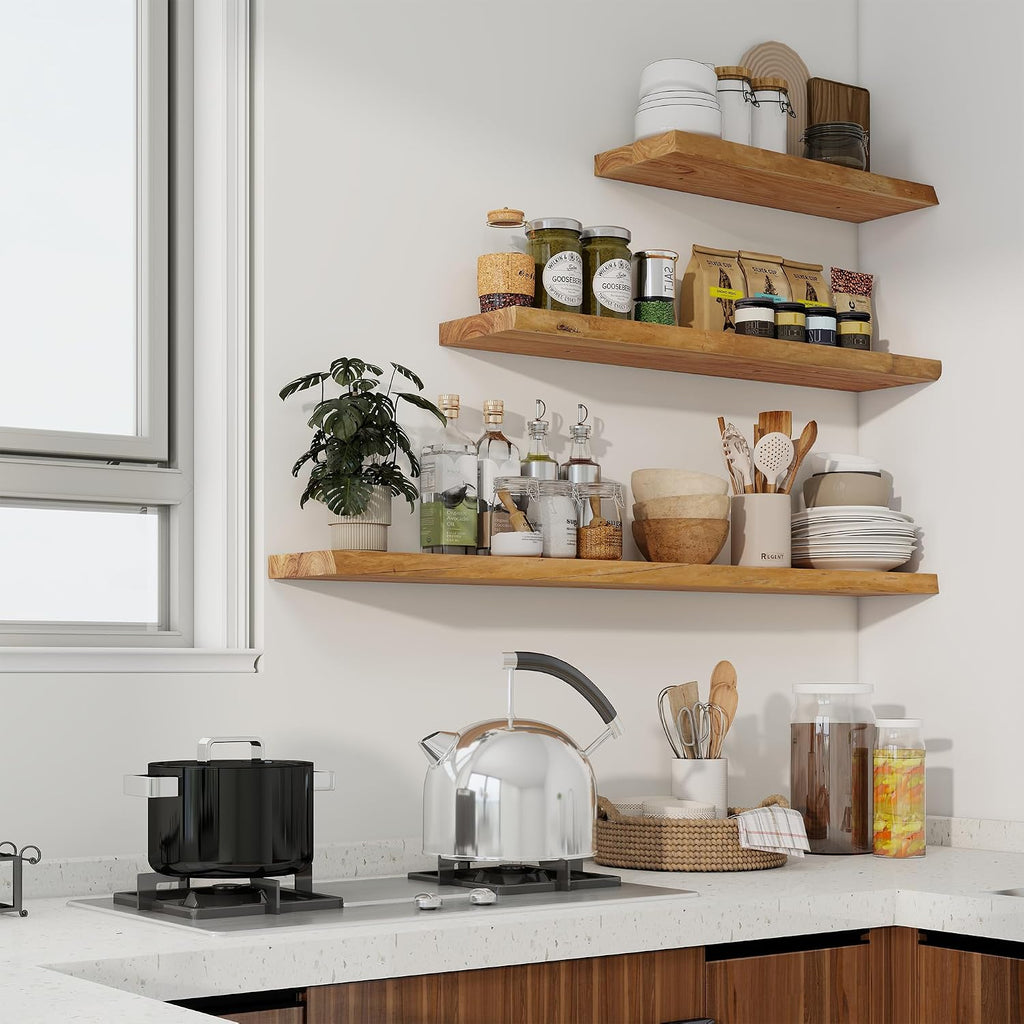 Axeman 36 inch Floating Shelves for Wall - 8'' D Live Edge Rustic Solid Elm Wood Floating Shelves Wall Mounted, Wall Shelves with Invisible Bracket for Living Room Bedroom Kitchen, Set of 2 Natural