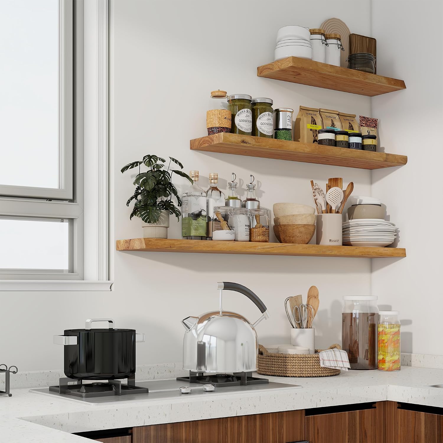 Axeman 36 inch Floating Shelves for Wall - 8'' D Live Edge Rustic Solid Elm Wood Floating Shelves Wall Mounted, Wall Shelves with Invisible Bracket for Living Room Bedroom Kitchen, Set of 2 Natural