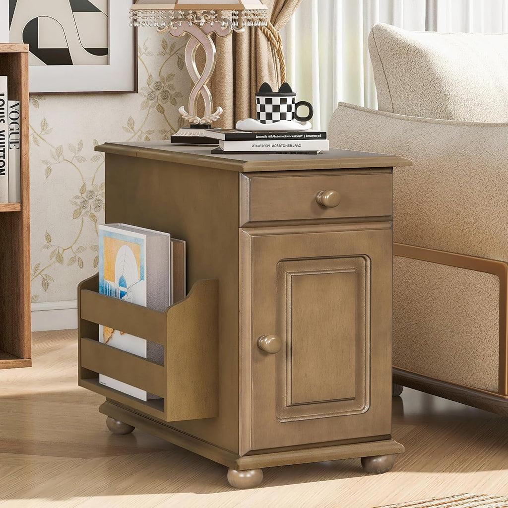 Multifunctional Vintage End Table Flip Top Side Table with USB Ports and 1 Drawer with Cup Holders, Sofa Side Narrow Table Nightstand with Bookshelf for Living Room Bedroom (Brown-5.8)