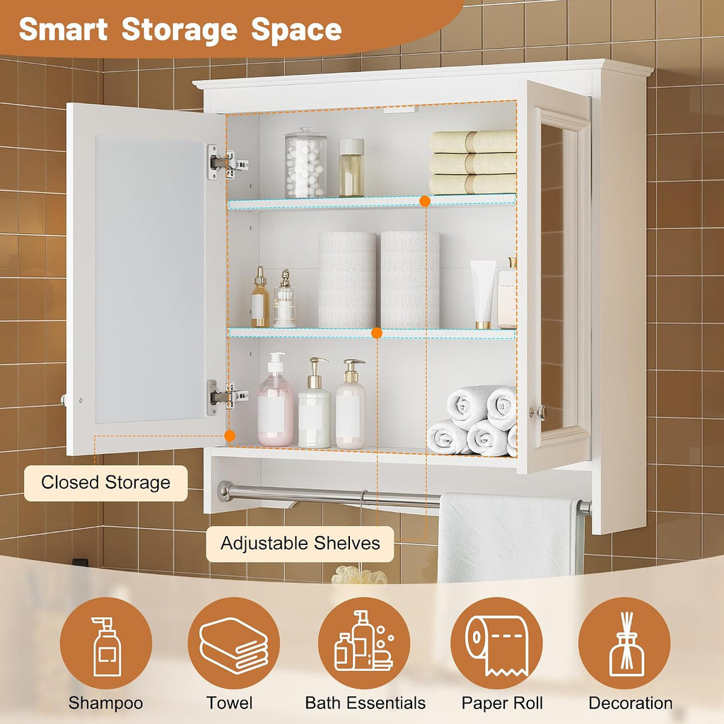 Merax 3-in-1 Bathroom Mirror Cabinet with Adjustable Shelves, Soft Close Doors & Towel Bar, 30' Wall Mounted Medicine Cabinet with High-Definition Mirror, Versatile Storage for Vanity, Bedroom, White