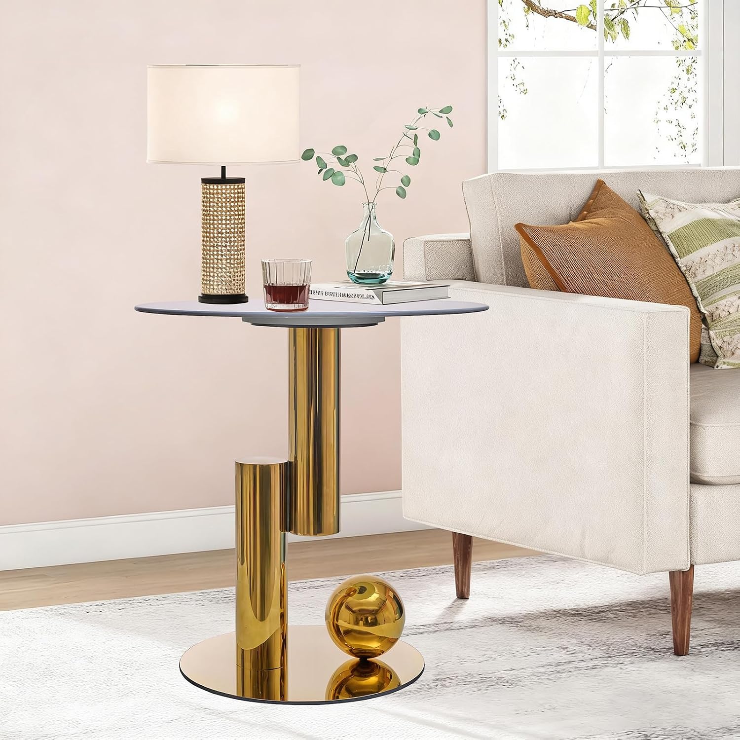 White Gold Round Side Table, 19.7' Faux Marble Sofa End Table, Modern Nightstand, Small Accent Table with Stainless Steel Ball/Cylindrical Frame, for Living Bedroom Office (Gold, 50cm/19.7')