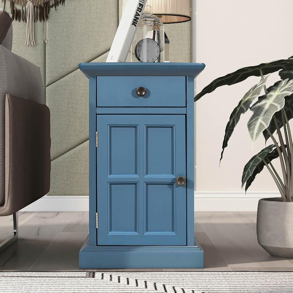 Multifunctional Classic Vintage End Table with USB Ports and 1 Drawer with Cup Holders, Sofa Side Bedside Nightstand Narrow Table for Living Room Bedroom (Antique Navy)