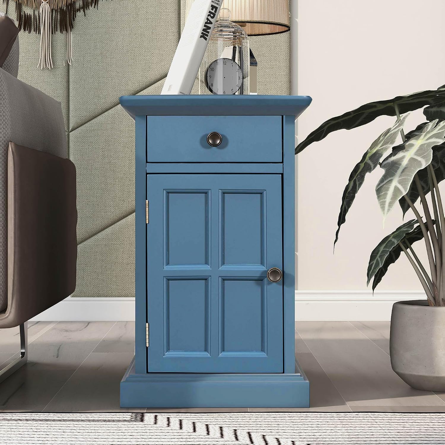 Multifunctional Classic Vintage End Table with USB Ports and 1 Drawer with Cup Holders, Sofa Side Bedside Nightstand Narrow Table for Living Room Bedroom (Antique Navy)