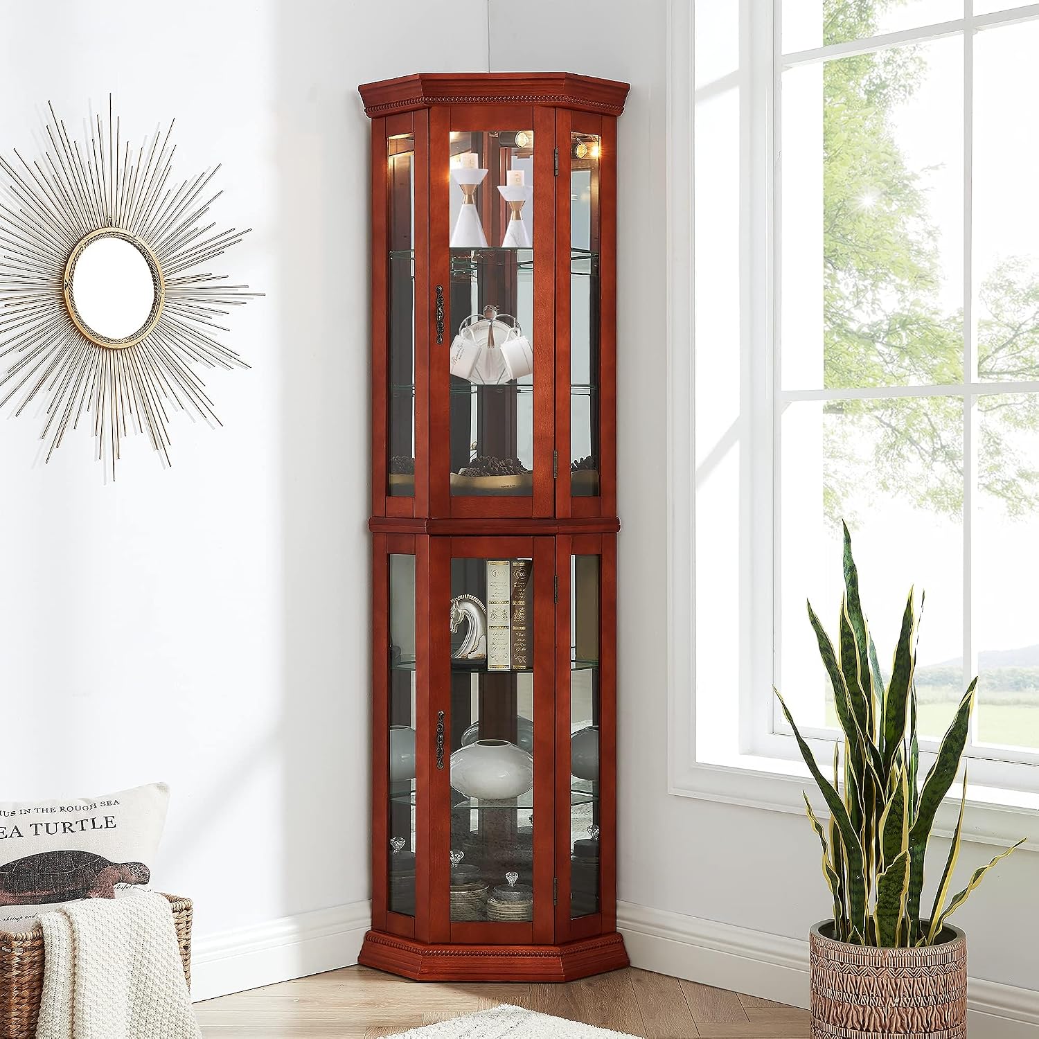 czczgx Lighted Wooden Corner Display Curio Cabinet, Curved Shelving Unit with Adjustable Shelves and Mirrored Back Panel, Tempered Glass Doors for Bedroom, Living Room (Walnut, Corner Shape)