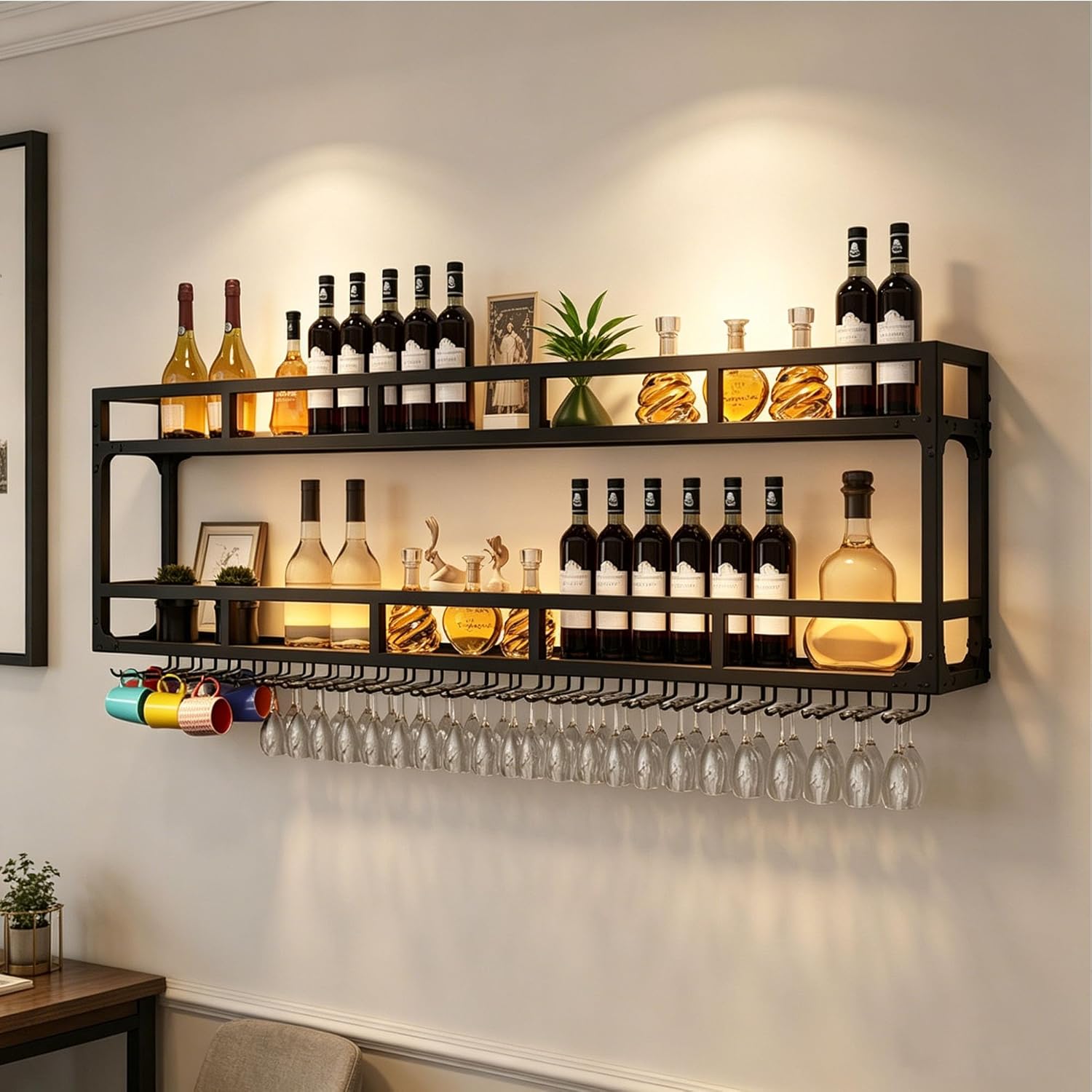 Wall Mounted Wine Rack with LED Light and Glass Rack, Black, Modern Style, 8 Bottle Capacity