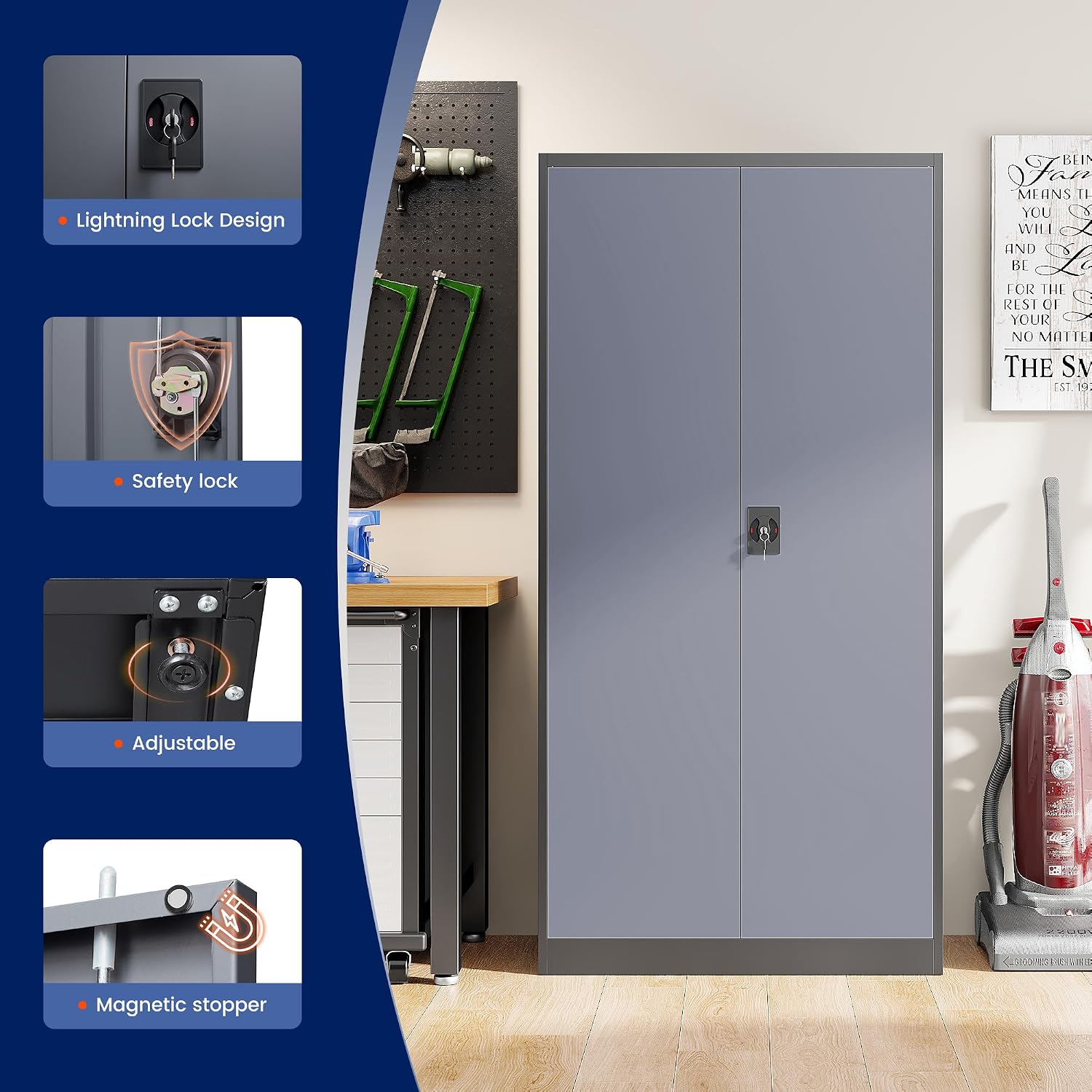 Yizosh Metal Garage Storage Cabinet with Lock, 72' Locking Tool Cabinets with 2 Doors and 4 Shelves, Heavy Duty File Cabinet for Office, School (Gray Black)