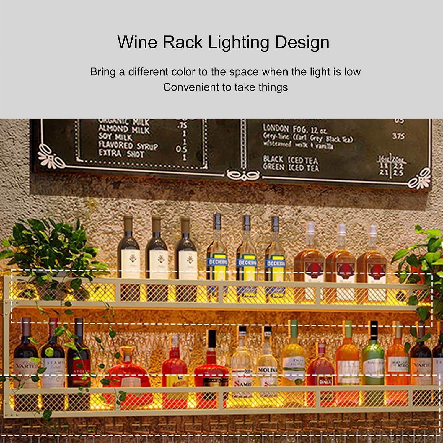Metal Bar Shelves Wine Rack Wall Mounted with Hanging Wine Glass Holder Rack and LED Light for Liquor Bottle Display Shelf Racks Countertop Floating Bar Mini Bar Cabinet for Home Bar Cafe Kitchen ( Co