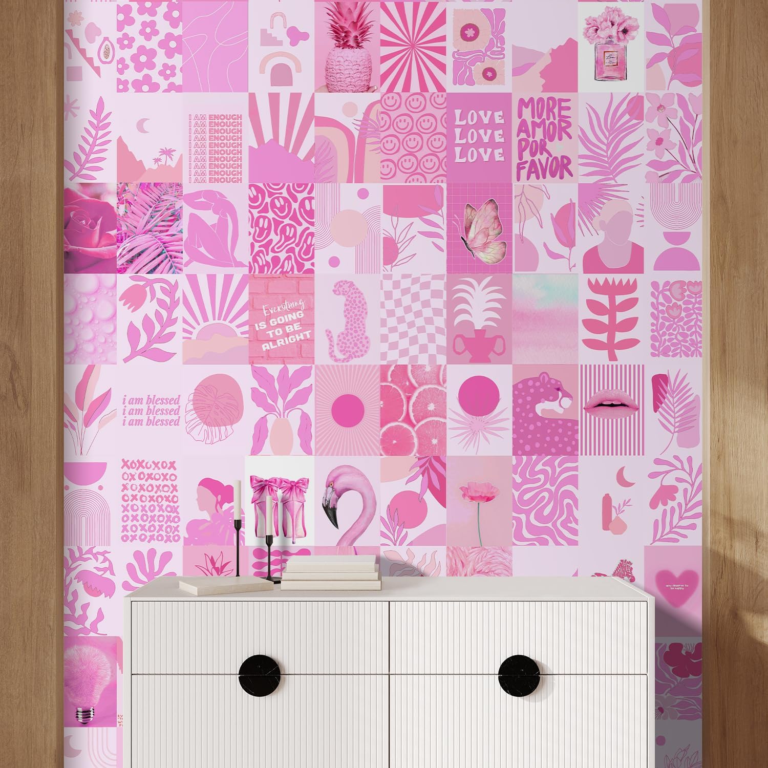 MUDECOR Wall Mural Playful Pink Pop Culture Dynamic Collage of Modern and Retro Removable Self-Adhesive Wallpaper Wall Decoration for Teen Girls Bedroom Dorm Living Room - 120'x72'