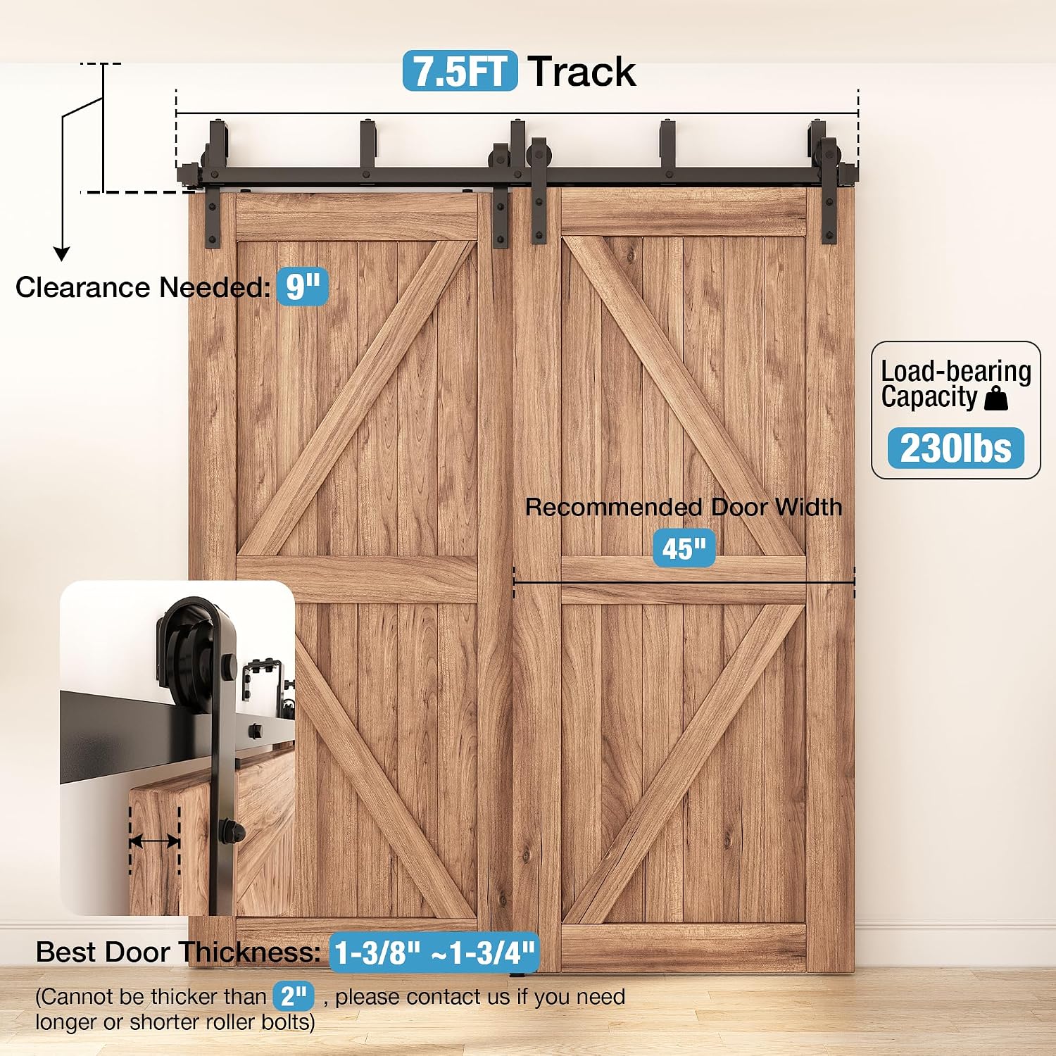 ZEKOO 7.5FT Double Track Bypass Sliding Barn Door Hardware Kit for 2 Doors, Bypass Barn Door Track Kit, Low Ceiling, Easy Install, J Shape Hanger, Fit 45' Wide Door Panel