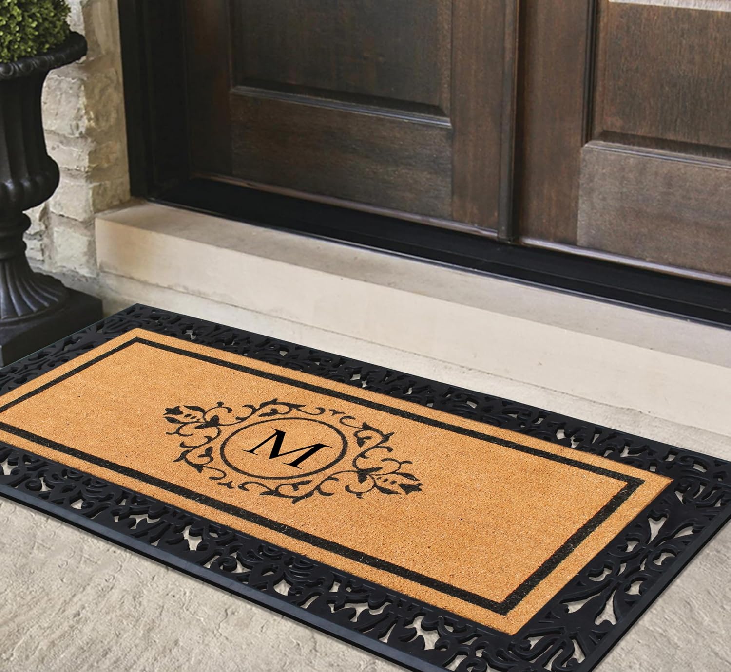 A1HC Natural Coir Doormat for Outside Entrance, Anti-Shed Treated Front Door Mat 30' x 60', Long Lasting Front Porch Entry Matt Monogrammed - M (Floral Black)