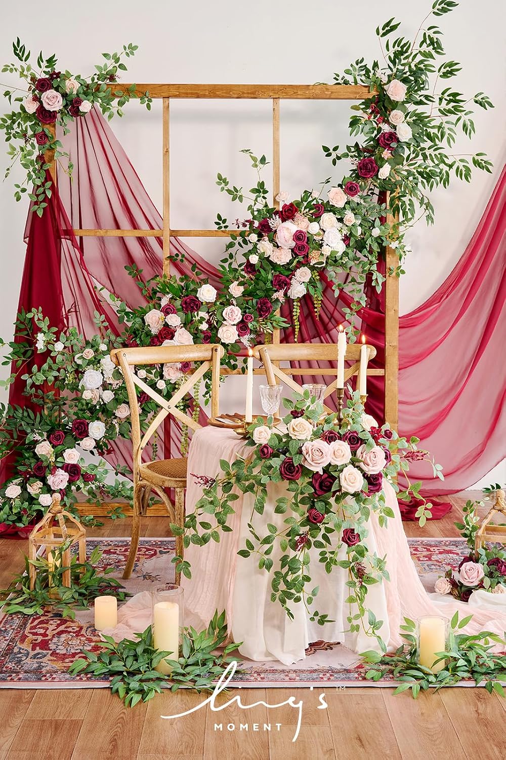 Ling's moment 9FT Spring Flower Garland - Wedding Arch Flowers, Eucalyptus & Rose, Artificial Floral Garland for Mantle - Sweetheart Table Decor for Reception, Backdrop Decorations, Marsala