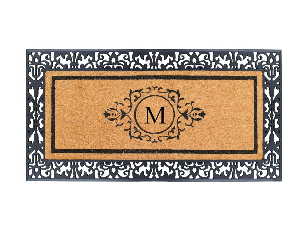 A1HC Natural Coir Doormat for Outside Entrance, Anti-Shed Treated Front Door Mat 30' x 60', Long Lasting Front Porch Entry Matt Monogrammed - M (Floral Black)