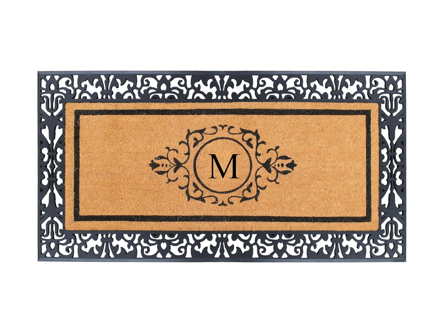 A1HC Natural Coir Doormat for Outside Entrance, Anti-Shed Treated Front Door Mat 30' x 60', Long Lasting Front Porch Entry Matt Monogrammed - M (Floral Black)