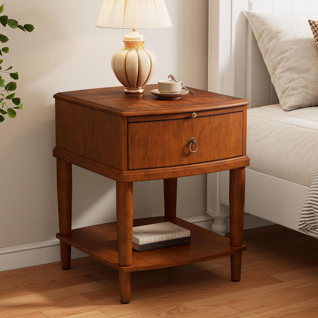 2 Tier Solid Wood Square End Table with Drawer, Wooden Sofa Side Table with Pull-Out Tray & Lower Shelf, Nightstand Bedside Table for Living Room Bedroom, 19.7x17.7x22.8in