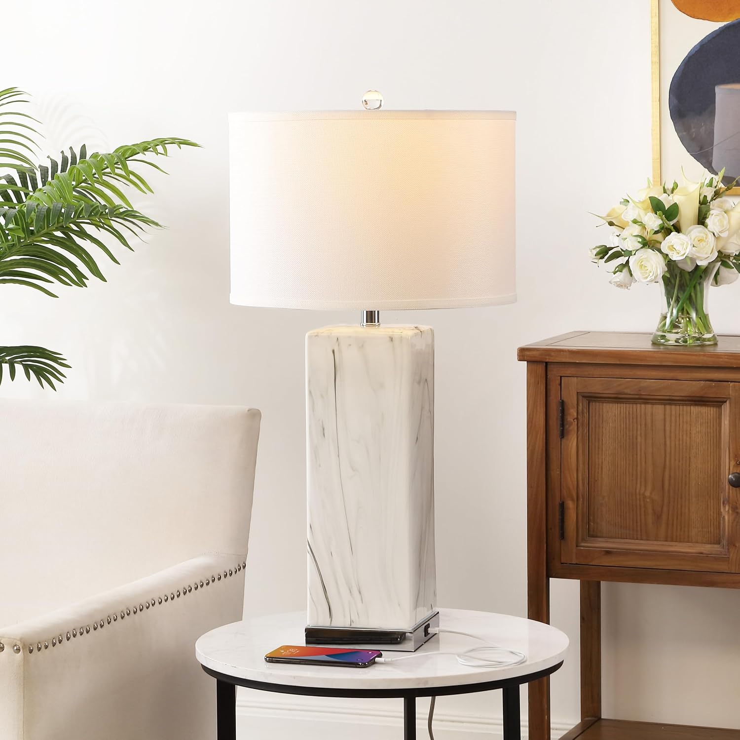 SAFAVIEH Lighting Collection Olympia Modern Contemporary Black/ White Marble Ceramic 29-inch Bedroom Living Room Home Office Desk Nightstand Table Lamp Set of 2 (LED Bulbs Included)