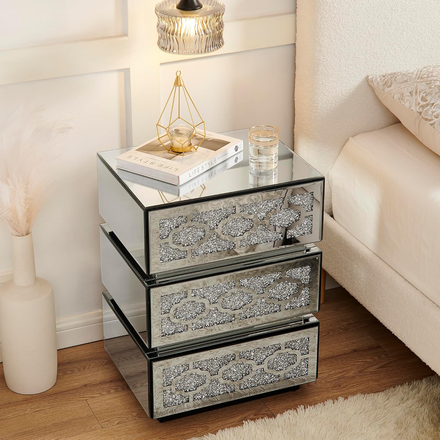 Mirrored Bedside Nightstand, Modern Side Table with 3 Drawers, Silver Accent End Table with Crushed Diamonds for Bedroom, Dorm and Living Room