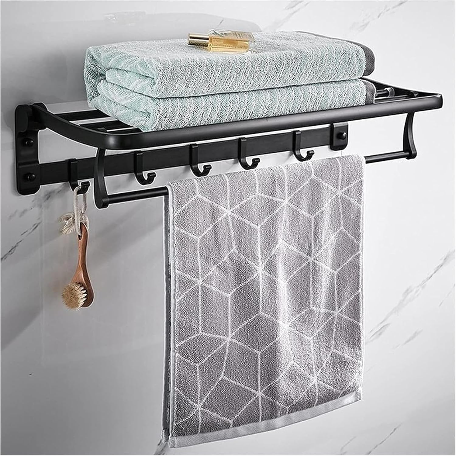 Bathroom Shelf Wall Floating Bathroom Bath Towel Rack 23 Inch Bathroom Shelves Foldable Wall Mounted Double Towel Holder with Towel Bar and 5 Hooks Floating Shelves Corner Shower Caddy