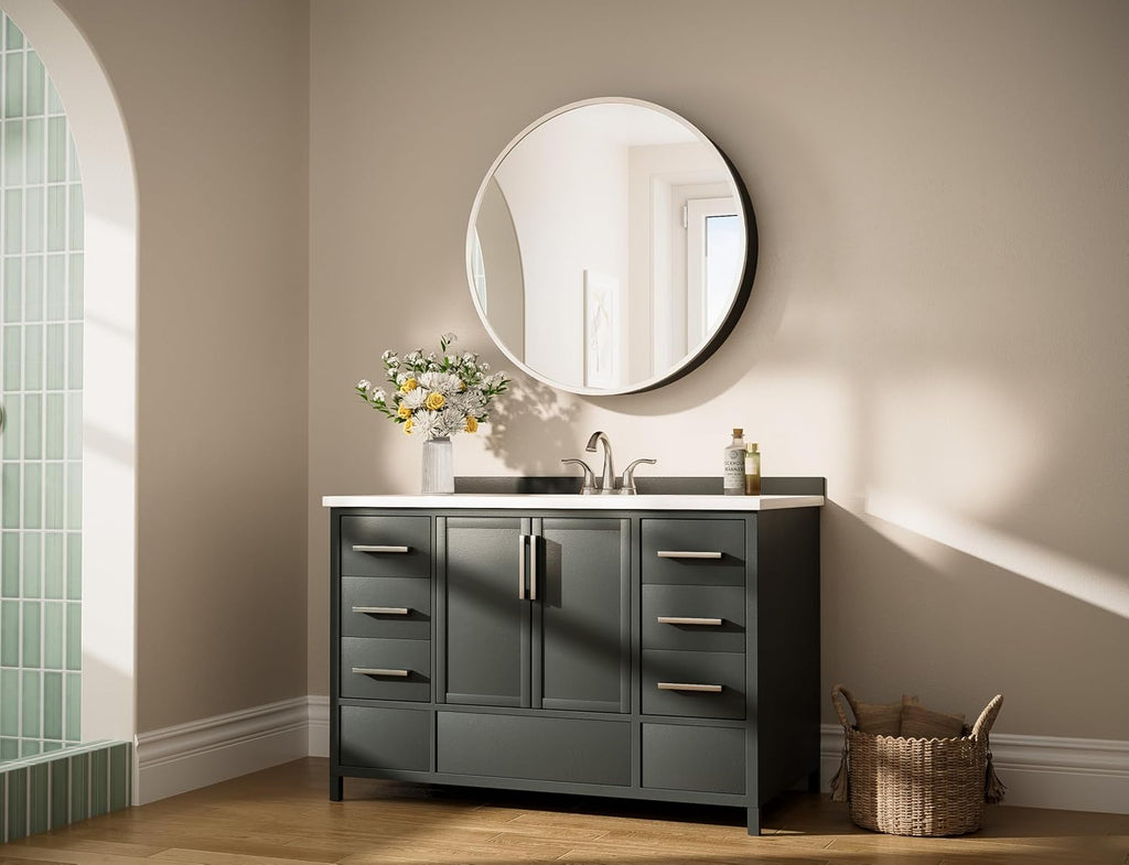 Keonjinn 28 x 28 in Round Medicine Cabinets for Bathroom, Brushed Nickel Surface Mount Medicine Cabinet, Circle Medicine Cabinet with Mirror, Adjustable Shelves Framed Bathroom Mirror with Storage