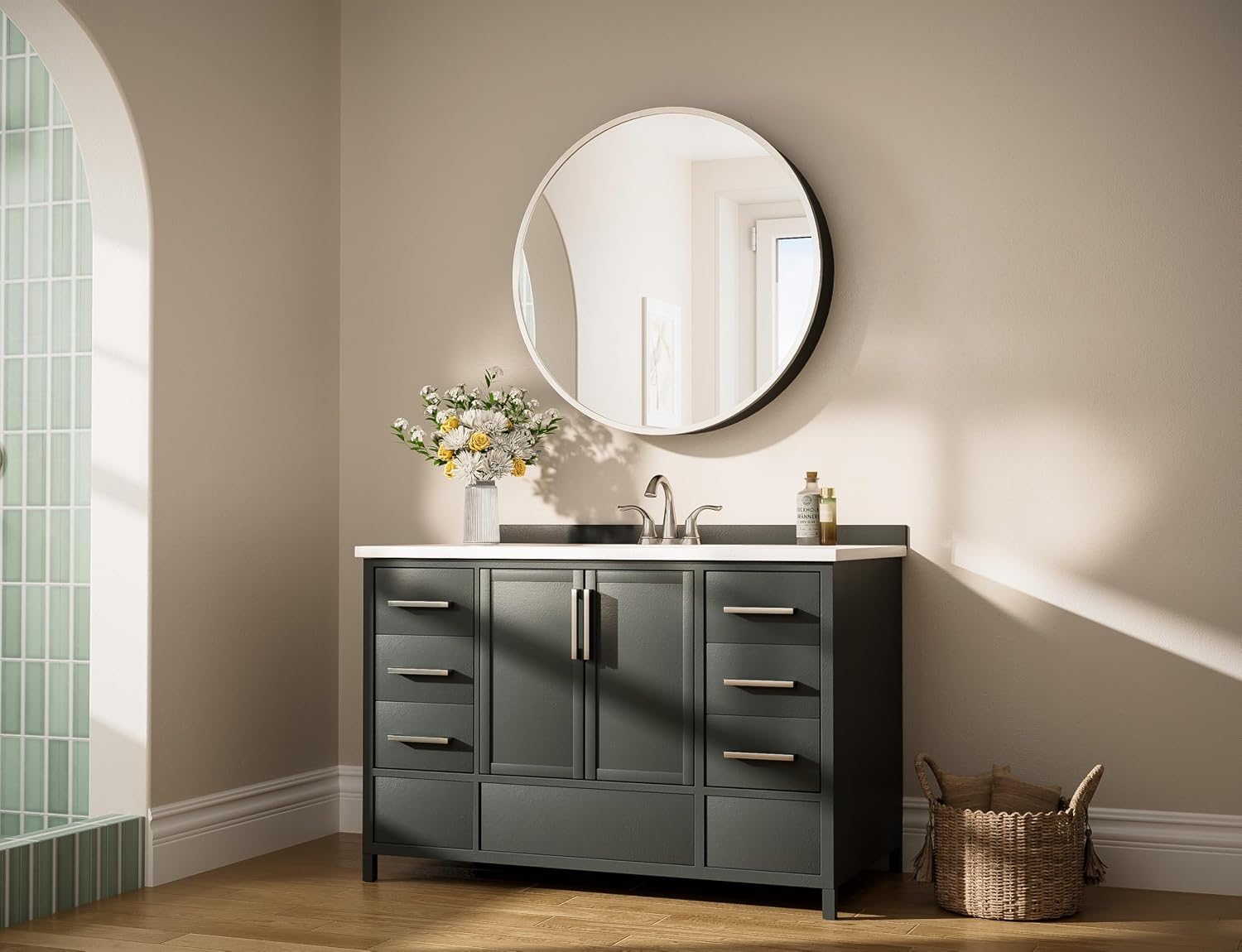 Keonjinn 28 x 28 in Round Medicine Cabinets for Bathroom, Brushed Nickel Surface Mount Medicine Cabinet, Circle Medicine Cabinet with Mirror, Adjustable Shelves Framed Bathroom Mirror with Storage