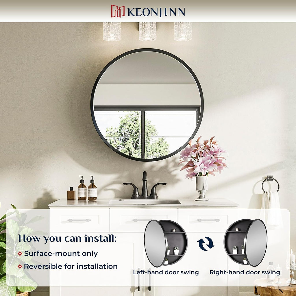 Keonjinn 24 x 24 In Round Medicine Cabinets for Bathroom, Black Mirror Surface Mount Medicine Cabinet, Circle Black Medicine Cabinet with Mirror, Adjustable Shelves Framed Bathroom Mirror with Storage