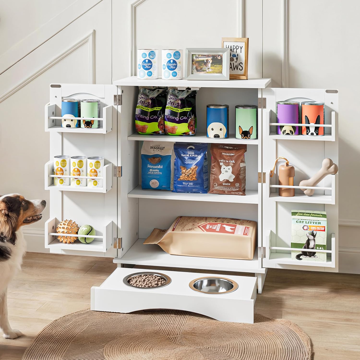 FIMELLO 31.7' High Dog Feeding Station with Feeding Bowls, Pet Organizers and Storage Adjustable Shelf, Dog Feeder Station, Pet Storage Cabinet for Cats and Dogs, White