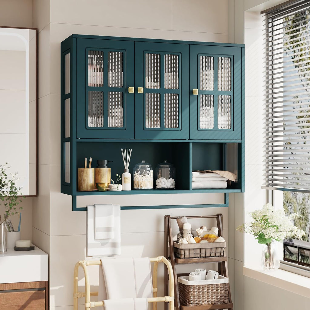 Polibi Wall Cabinet with Fluted Glass, Modern Wall-Mounted Storage with Towel Bar, Removable Shelves, Minimalist Design for Entryway Living Room Bathroom Dining Room, Easy Assembly, Dark Green