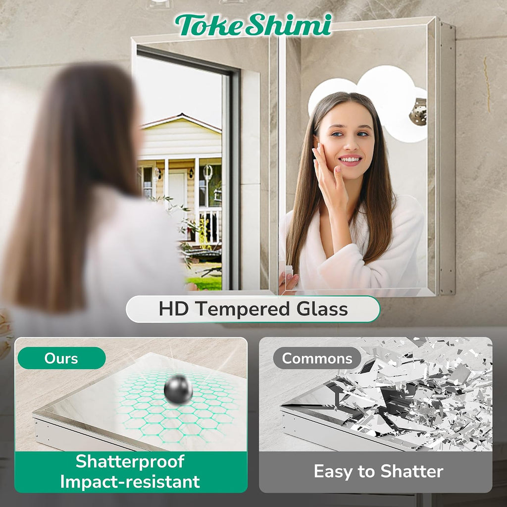 TokeShimi 12 x 36 Medicine Cabinet with Tempered Beveled Mirror, Assembly Required, Silver Medicine Cabinet for Bathroom, Stepless Adjustable Shelves, DTC Hinge, Recessed/Surface-Mounted