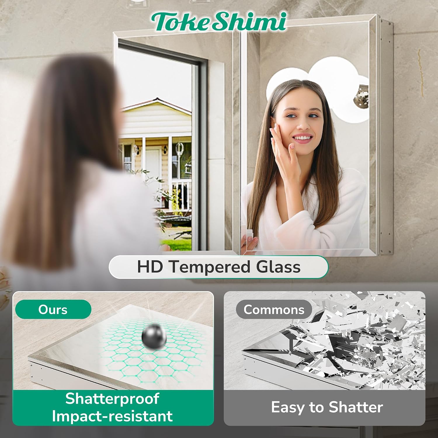 TokeShimi 12 x 36 Medicine Cabinet with Tempered Beveled Mirror, Assembly Required, Silver Medicine Cabinet for Bathroom, Stepless Adjustable Shelves, DTC Hinge, Recessed/Surface-Mounted