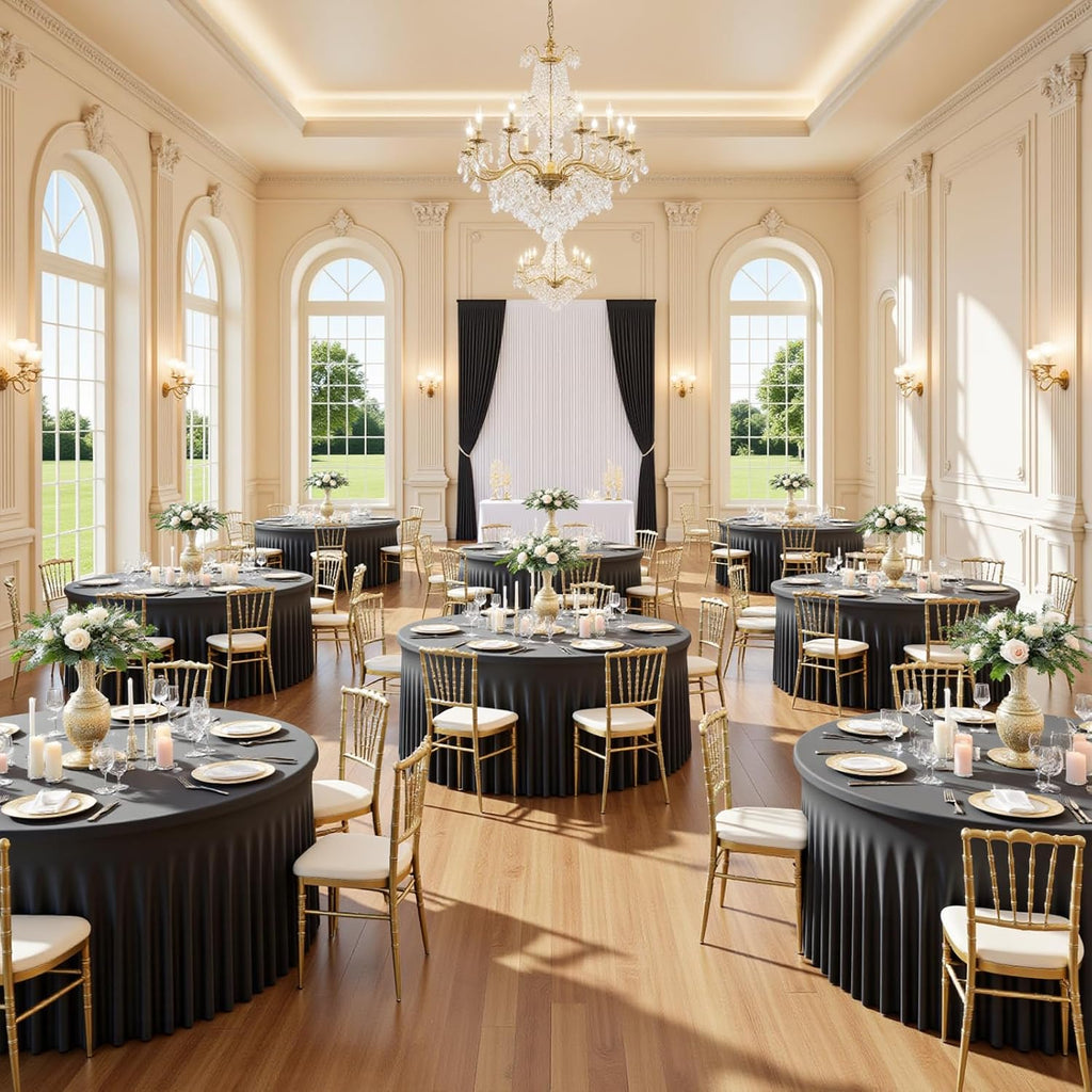 12 Pack 60 Inch Black Round Tablecloth with Skirt, Fitted Table Cover for 5FT Tables, Wrinkle Resistant and Washable Table Cloth for Wedding Party Banquet Buffet Indoor Outdoor Events